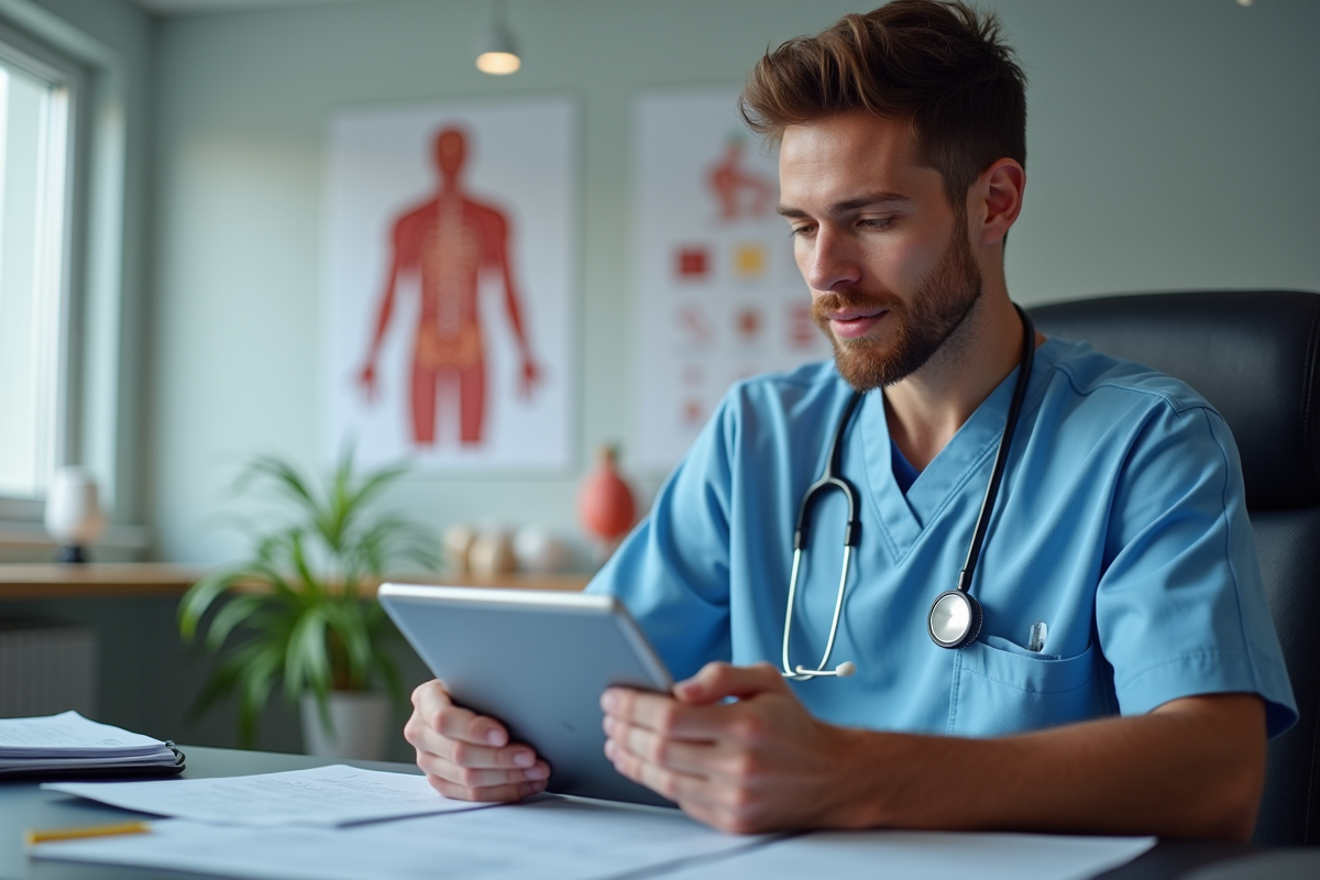Jeune médecin analysant des résultats sur une tablette