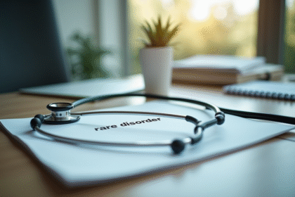 Dossier médical sur un bureau de psychiatre avec stethoscope et étiquette rare disorder