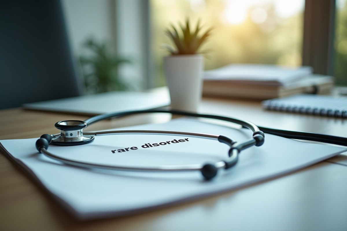 Dossier médical sur un bureau de psychiatre avec stethoscope et étiquette rare disorder