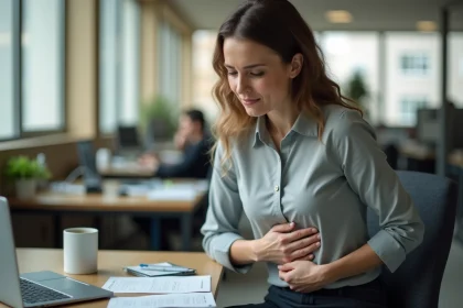 Femme au bureau souffrant d'une douleur sous les côtes à droite liée au stress et aux tensions musculaires