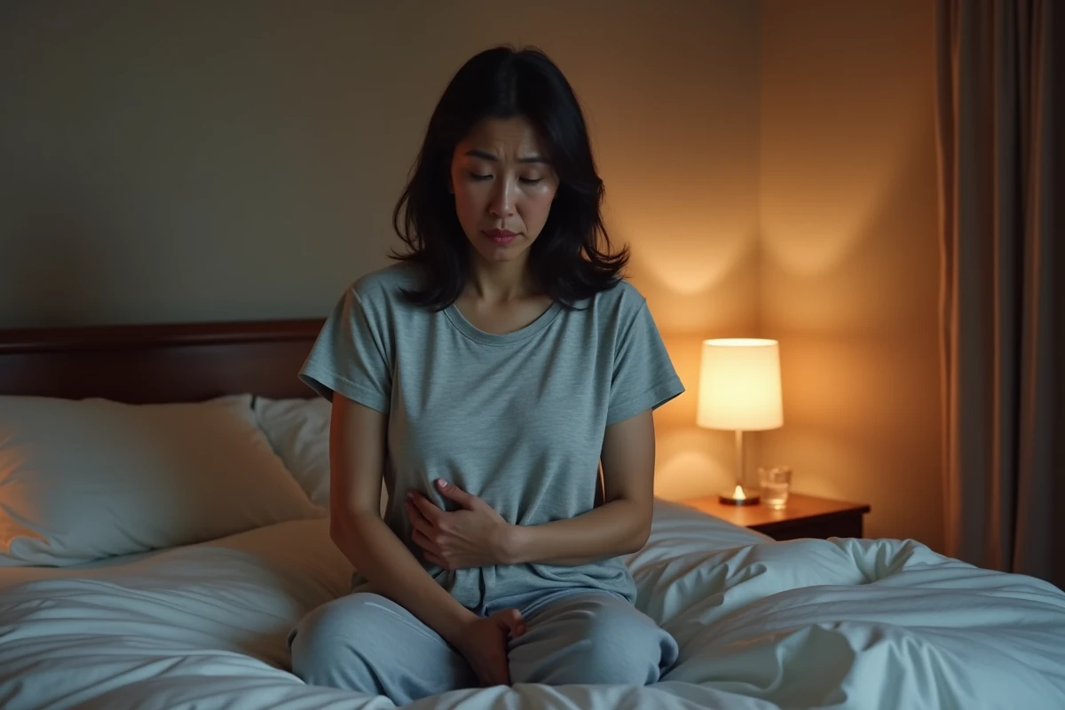Femme tenant son côté droit sous les côtes la nuit, assise sur son lit avec une expression de douleur