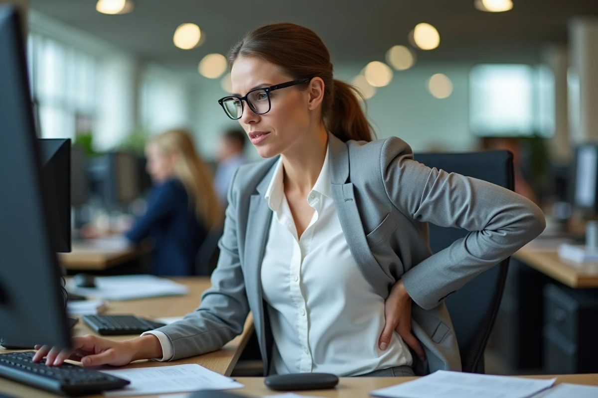 Employée de bureau ressentant une douleur lombaire au travail, contexte de déclaration de maladie professionnelle dorsale et de rechute
