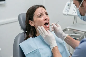 Femme adulte en cabinet dentaire lors d'un examen de gencive pour une dent qui pousse