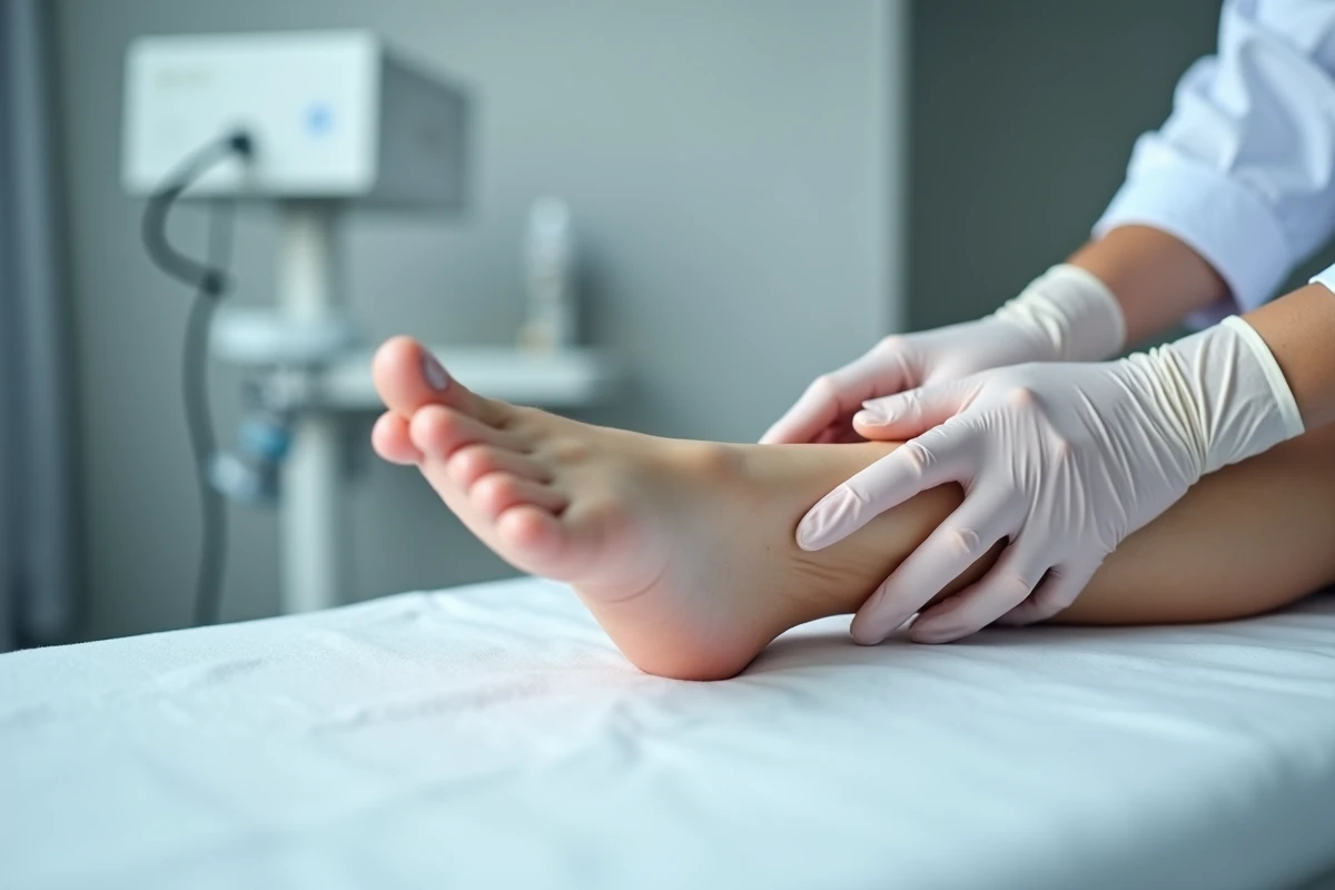 Médecin examinant le dessus du pied d'un patient sur une table d'examen médical pour diagnostiquer une sensation de chaleur