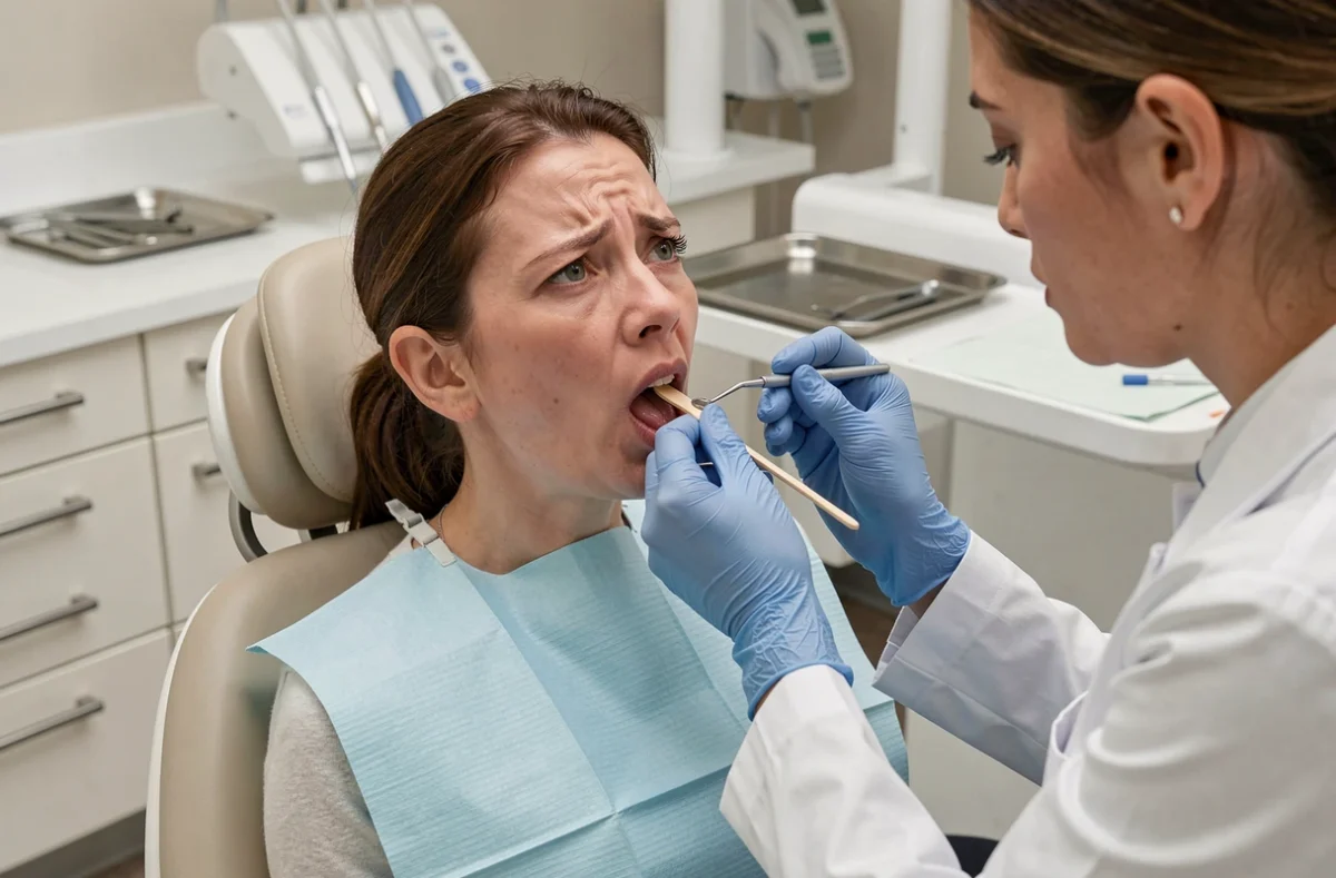 Femme adulte faisant examiner sa langue par une dentiste dans un cabinet médical moderne