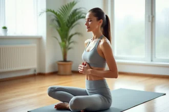 Femme pratiquant un exercice de respiration doux pour soulager une côte déplacée, assise sur un tapis de yoga à domicile