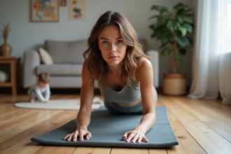 Femme faisant des exercices postnatals dans un salon chaleureux