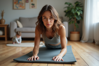 Femme faisant des exercices postnatals dans un salon chaleureux