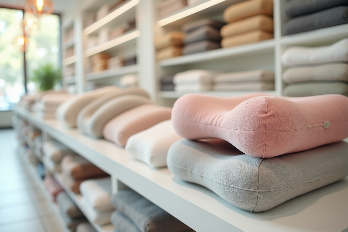 Vitrine avec differents oreillers massage cervical en magasin