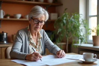 Femme de 60 ans consultant des documents médicaux sur le prix du vaccin contre le zona à la maison