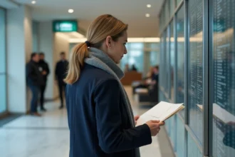 Femme vérifiant un répertoire dans un bâtiment administratif