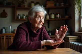 Femme âgée examinant les lignes de sa main dans une cuisine rustique, réflexion sur la chiromancie et la mort annoncée