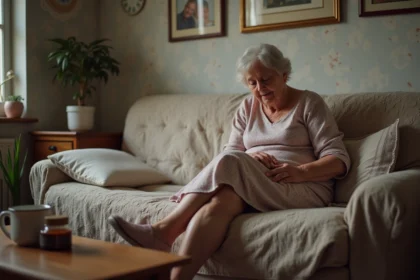 Femme âgée se massant la jambe dans un salon chaleureux