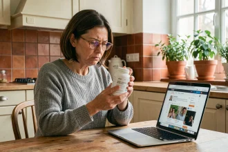 Femme lisant attentivement l'étiquette d'un complément alimentaire Lumilean avant achat pour éviter les arnaques