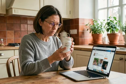 Femme lisant attentivement l'étiquette d'un complément alimentaire Lumilean avant achat pour éviter les arnaques
