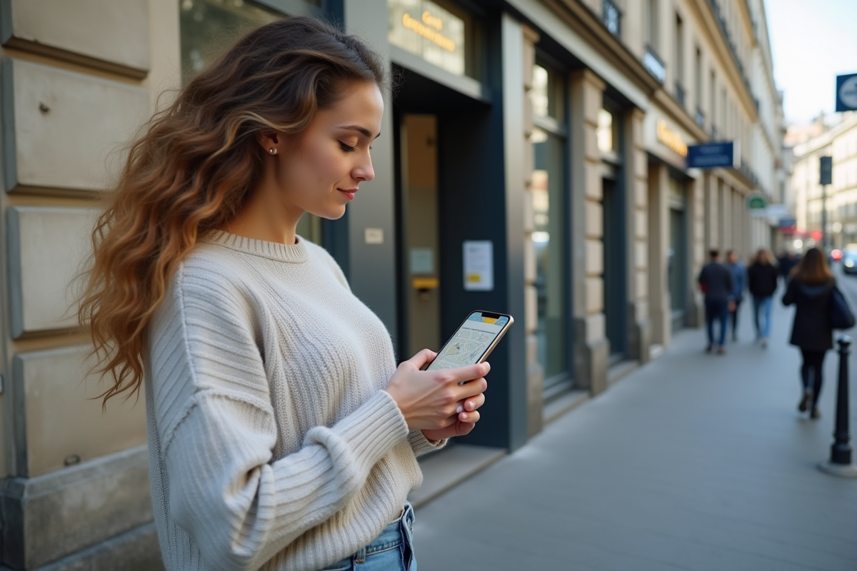 Jeune femme vérifie une application de dermatologie dans la rue