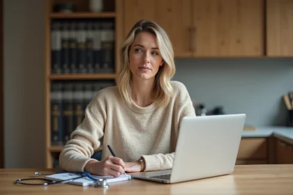 Femme assise à une table de cuisine avec ordinateur et carnet