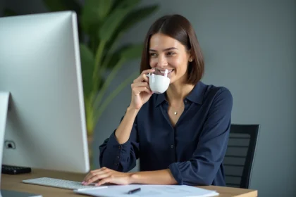 Femme au bureau sirotant un verre d'eau dans un espace professionnel