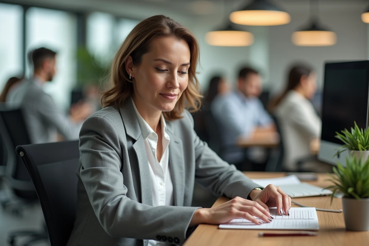 Femme en bureau open-space cherchant discrètement une solution contre les mauvaises odeurs dans son tiroir