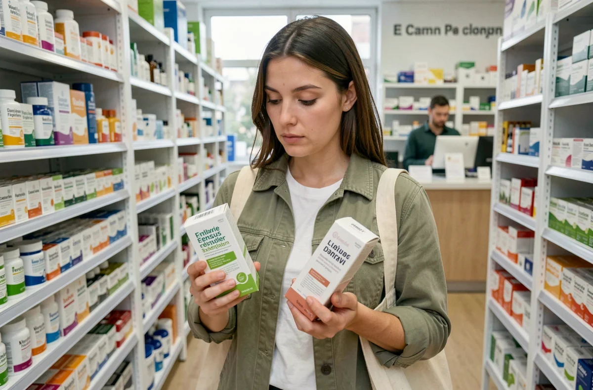Femme comparant des compléments alimentaires en pharmacie pour faire un choix éclairé et éviter les arnaques