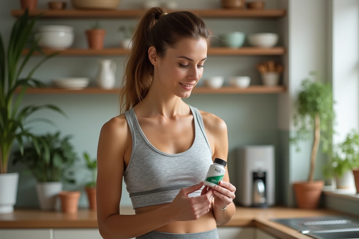 Femme examinant une bouteille de complément alimentaire Reborn21 dans une cuisine moderne pour perdre du poids durablement