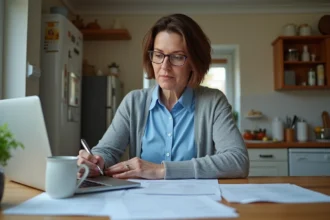 Femme d'âge moyen examinant des documents à la maison