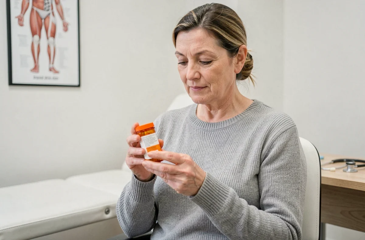 Femme adulte tenant un flacon de cortisone lors d'une consultation médicale, illustrant le délai d'action du traitement