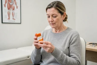 Femme adulte tenant un flacon de cortisone lors d'une consultation médicale, illustrant le délai d'action du traitement