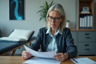 Femme d'âge mûr consultant des documents médicaux et radios dans un cabinet de médecin pour préparer un dossier d'invalidité pour ostéophytose