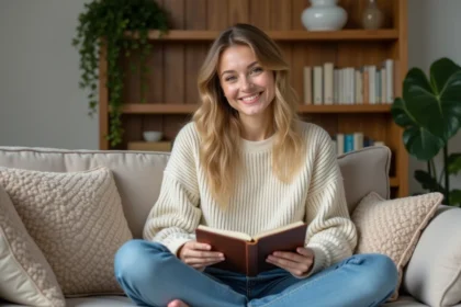 Femme assise sur un canapé avec journal dans une ambiance cosy