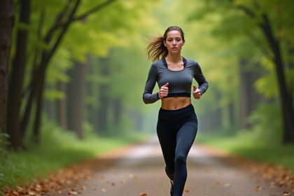 Femme sportive courant en forêt au matin