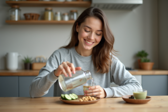 Jeune femme versant de l'eau dans un verre dans une cuisine minimaliste