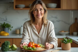 Femme préparant des légumes colorés dans une cuisine chaleureuse