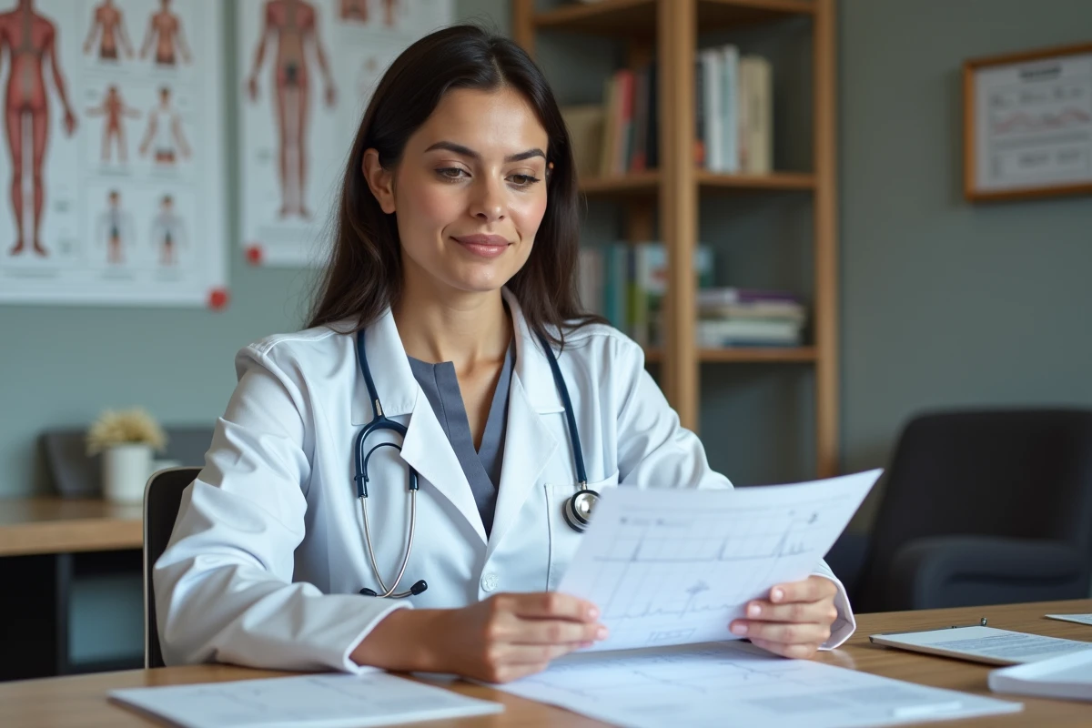 Doctoresse examinant un ECG dans un cabinet médical
