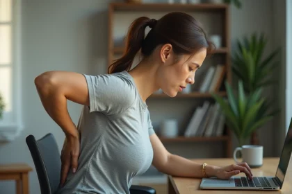 Femme assise à un bureau tenant son haut du dos gauche avec une expression douloureuse