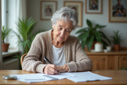 Femme âgée remplissant des papiers à la maison