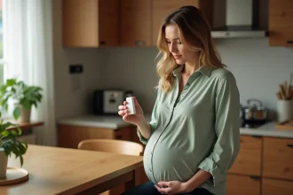 Femme enceinte tenant une boîte de médicament antidépresseur à la table de cuisine, l'air préoccupée