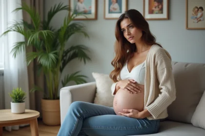 Femme enceinte assise sur un canapé dans un salon cosy