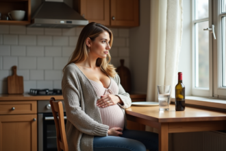 Femme enceinte assise à la cuisine regardant par la fenêtre