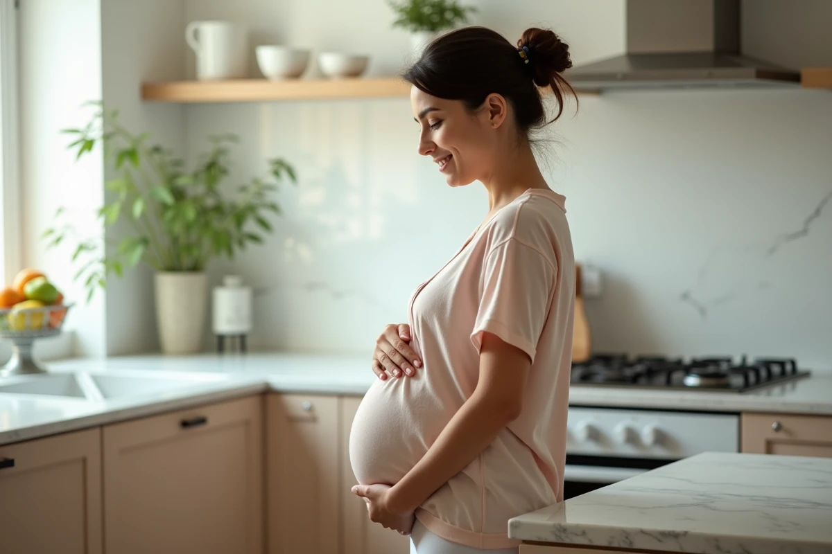 Jeune femme enceinte dans une cuisine lumineuse