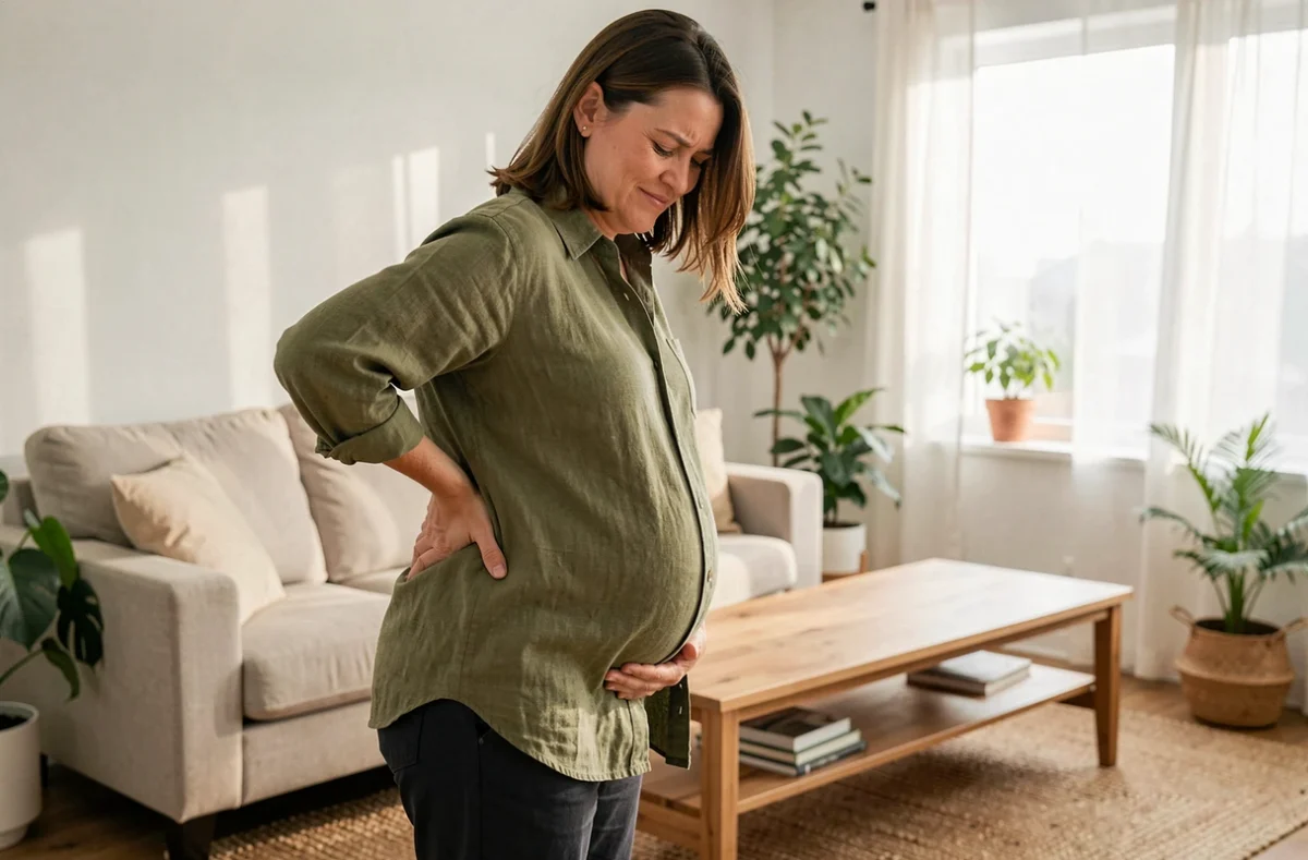 Femme enceinte debout dans son salon, main posée sur le bas du dos, exprimant une gêne pelvienne au quotidien
