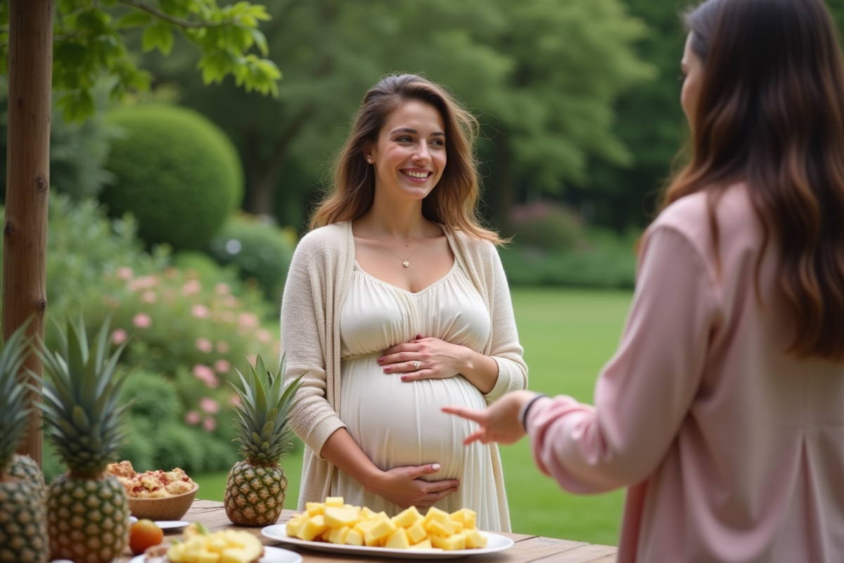 Femme enceinte dans un jardin avec une femme amie et un ananas