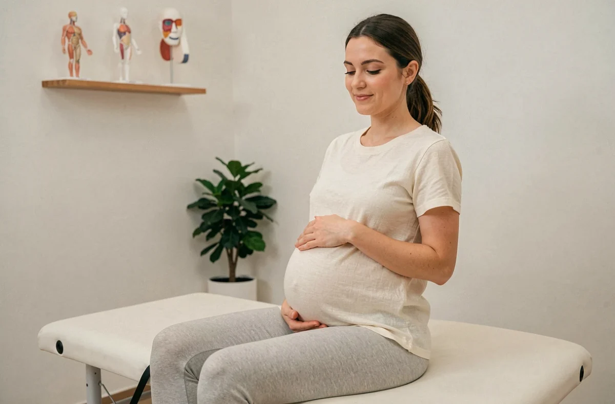 Femme enceinte assise sur une table d'ostéopathie dans un cabinet moderne, les mains posées sur le ventre, visage serein