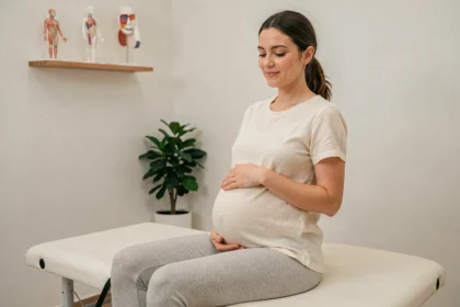 Femme enceinte assise sur une table d'ostéopathie dans un cabinet moderne, les mains posées sur le ventre, visage serein