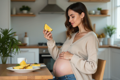 Femme enceinte en intérieur dégustant un ananas dans la cuisine