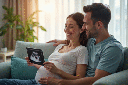 Femme enceinte souriante avec échographie dans un cabinet médical