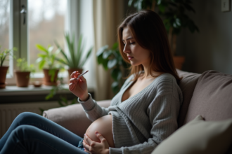 Femme enceinte assise pensivement dans son salon