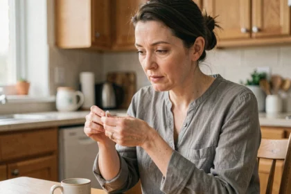 Femme d'une quarantaine d'années examinant un patch bien-être Purisaki dans sa cuisine, regard attentif et interrogateur