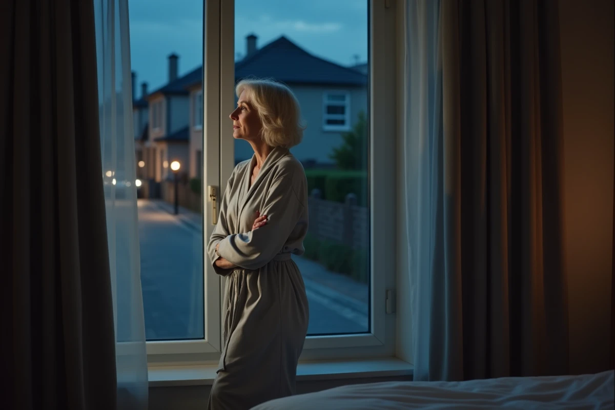 Femme debout à la fenêtre la nuit incapable de dormir, réveils nocturnes répétés et anxiété