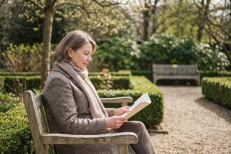 Femme mature lisant dans un parc au printemps